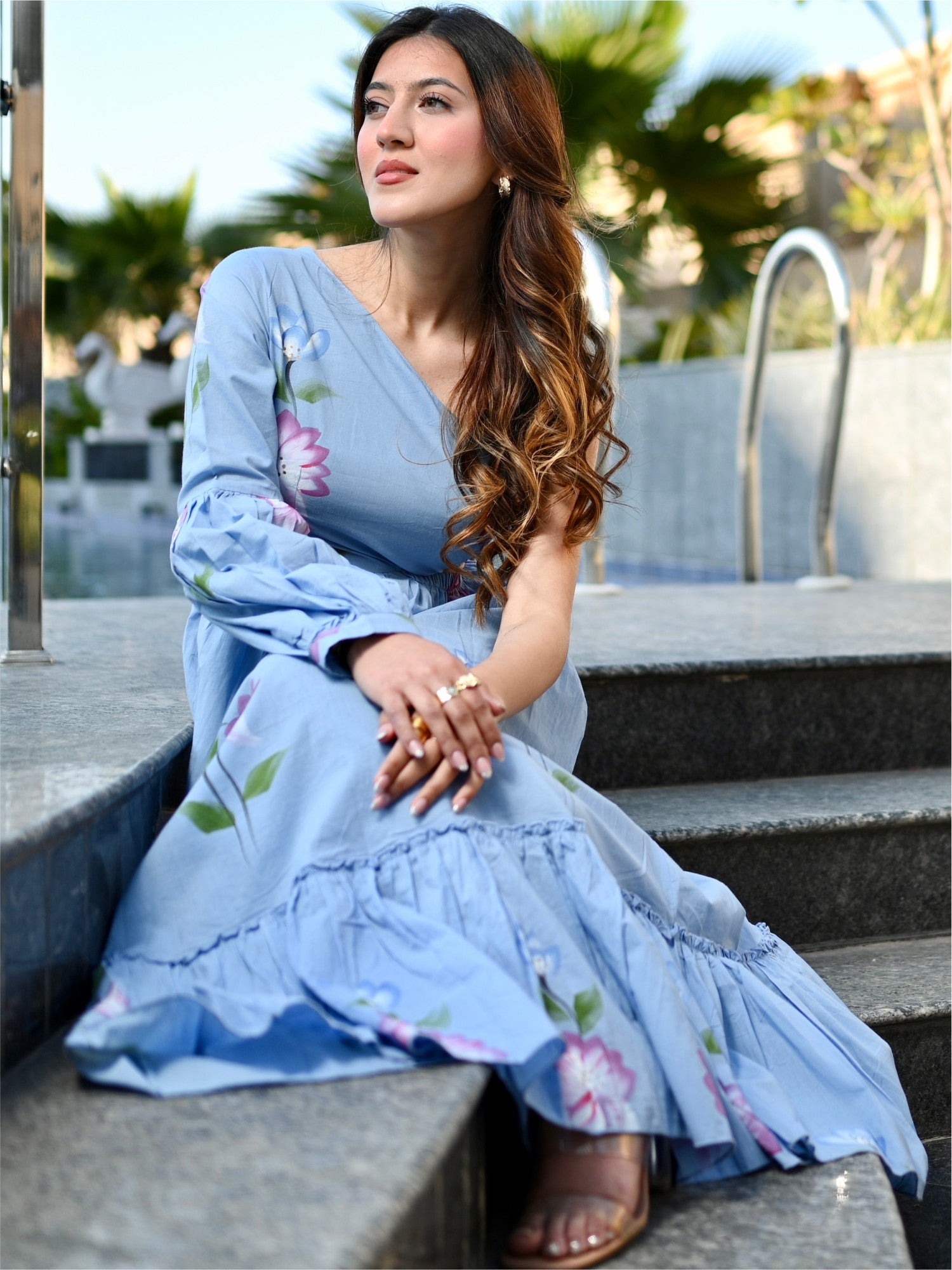 Blue Hand Painted Cut Out Dress