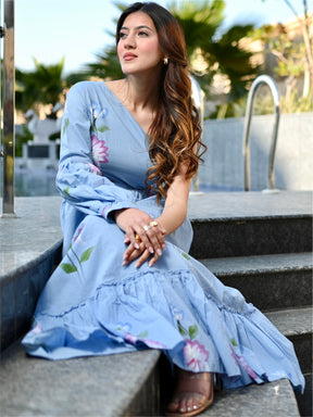 Blue Hand Painted Cut Out Dress