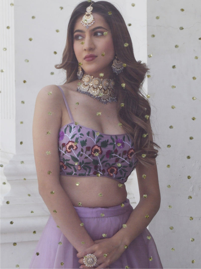 Natasha Luthra in Lilac color block embroidered organza saree set