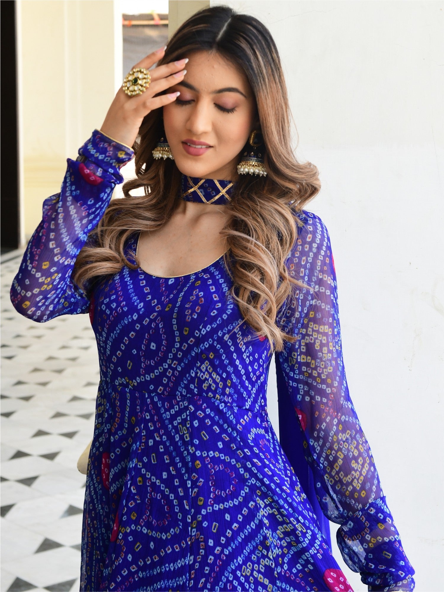 Shop Blue Bandhni Print Anarkali Set | Lavanya The Label XXXL Shop Blue Bandhni Print Anarkali Set | Lavanya The Label XXXL