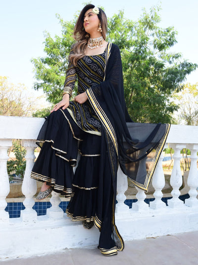 Black bandhni Print Kurta And Sharara Set