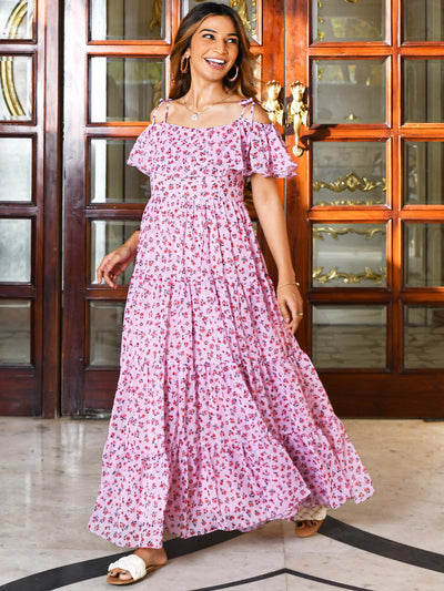 Pink Floral Printed Off Shoulder Dress