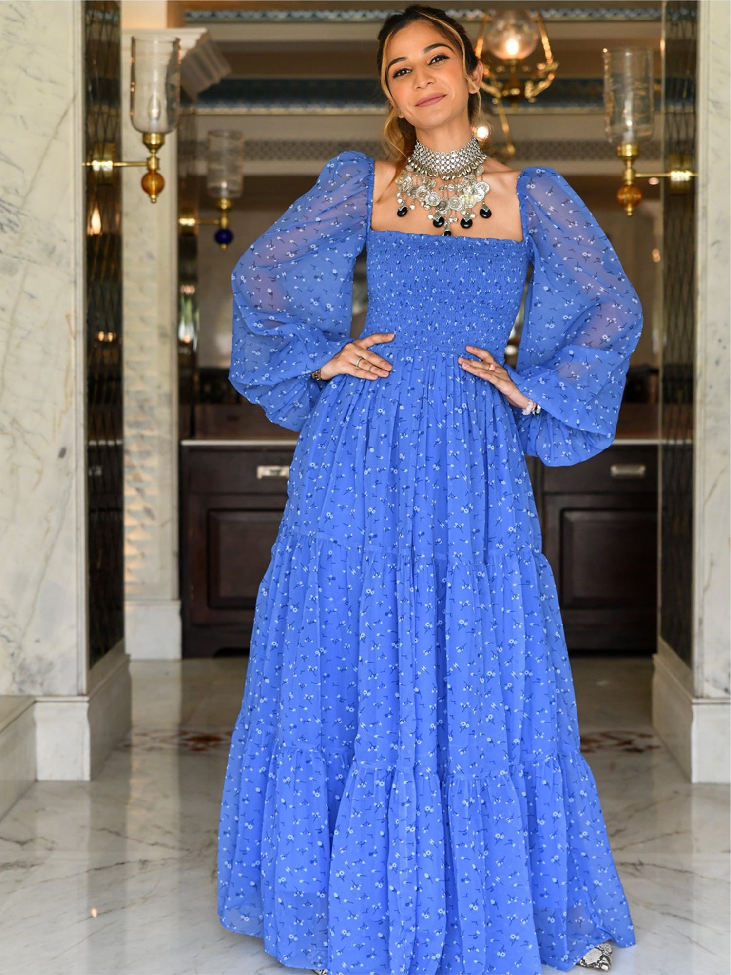 Blue Floral Flared Dress S