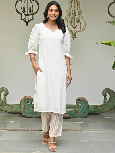 White and Peach Kurta Set
