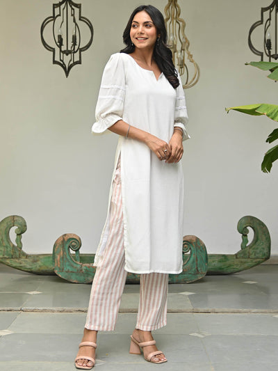 White and Peach Kurta Set