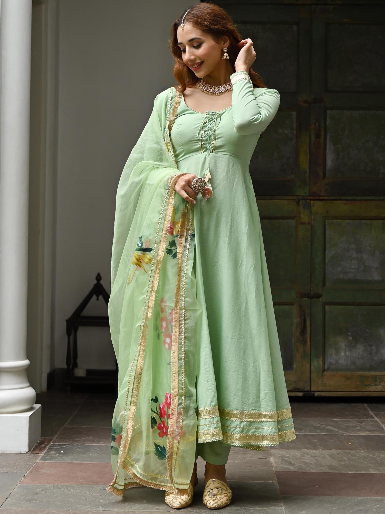 Green Cotton Anarkali set