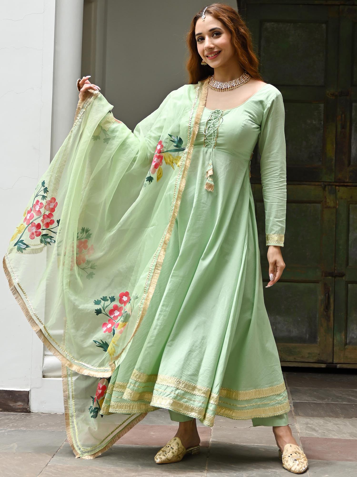 Green Cotton Anarkali set