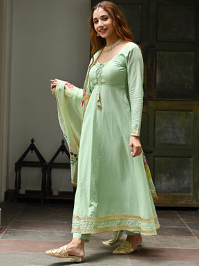 Green Cotton Anarkali set