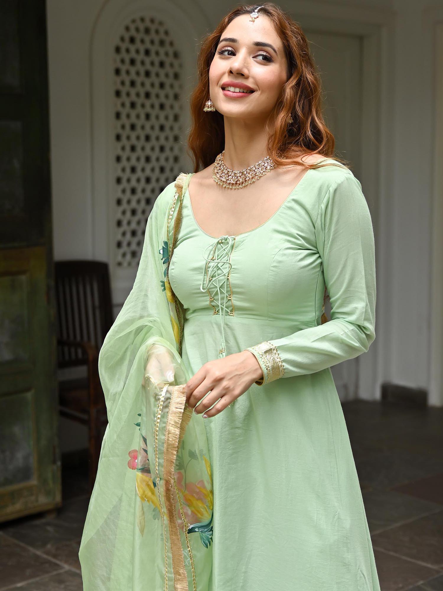 Green Cotton Anarkali set