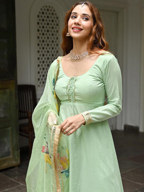 Green Cotton Anarkali set