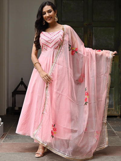 Peachy Pink Cotton Anarkali Pant Set