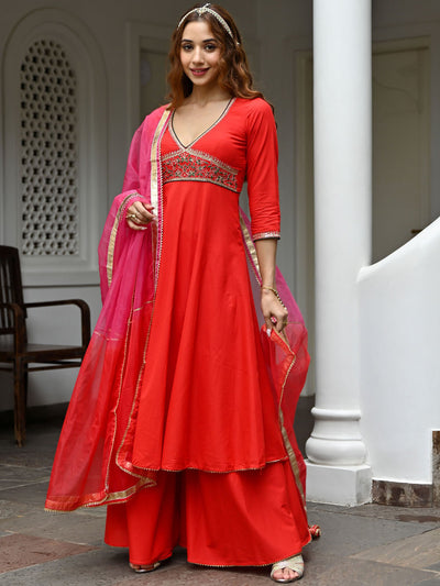 Red Cotton Embroidered Kurta Set