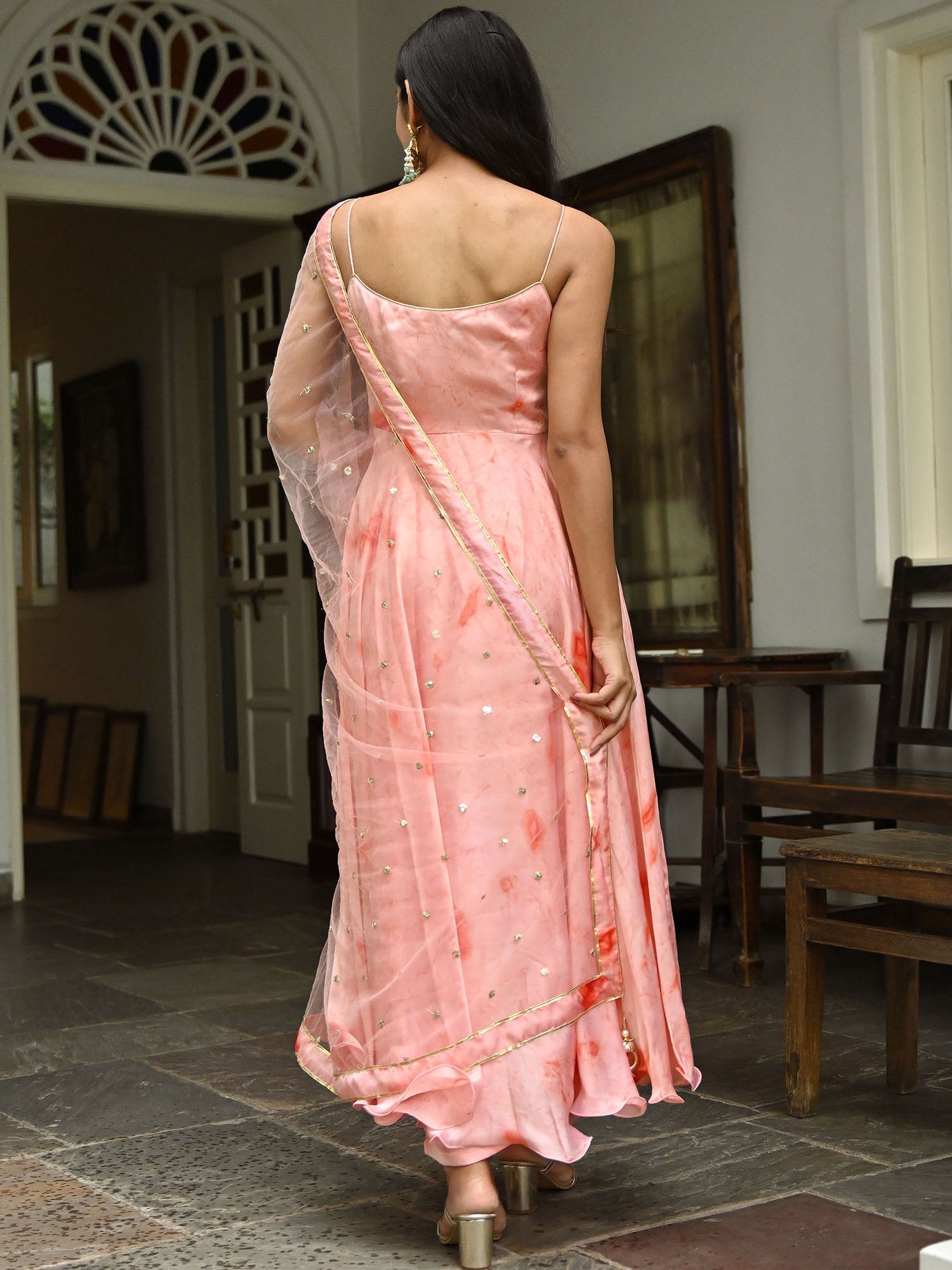 Peach Marble Print Anakali Set