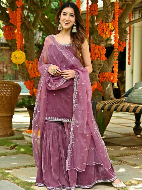 Maroon Velvet Girls Sharara Set