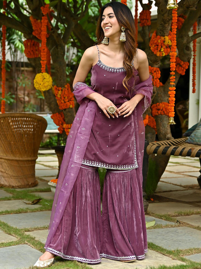 Mauve straight shirt and sharara with sequins work