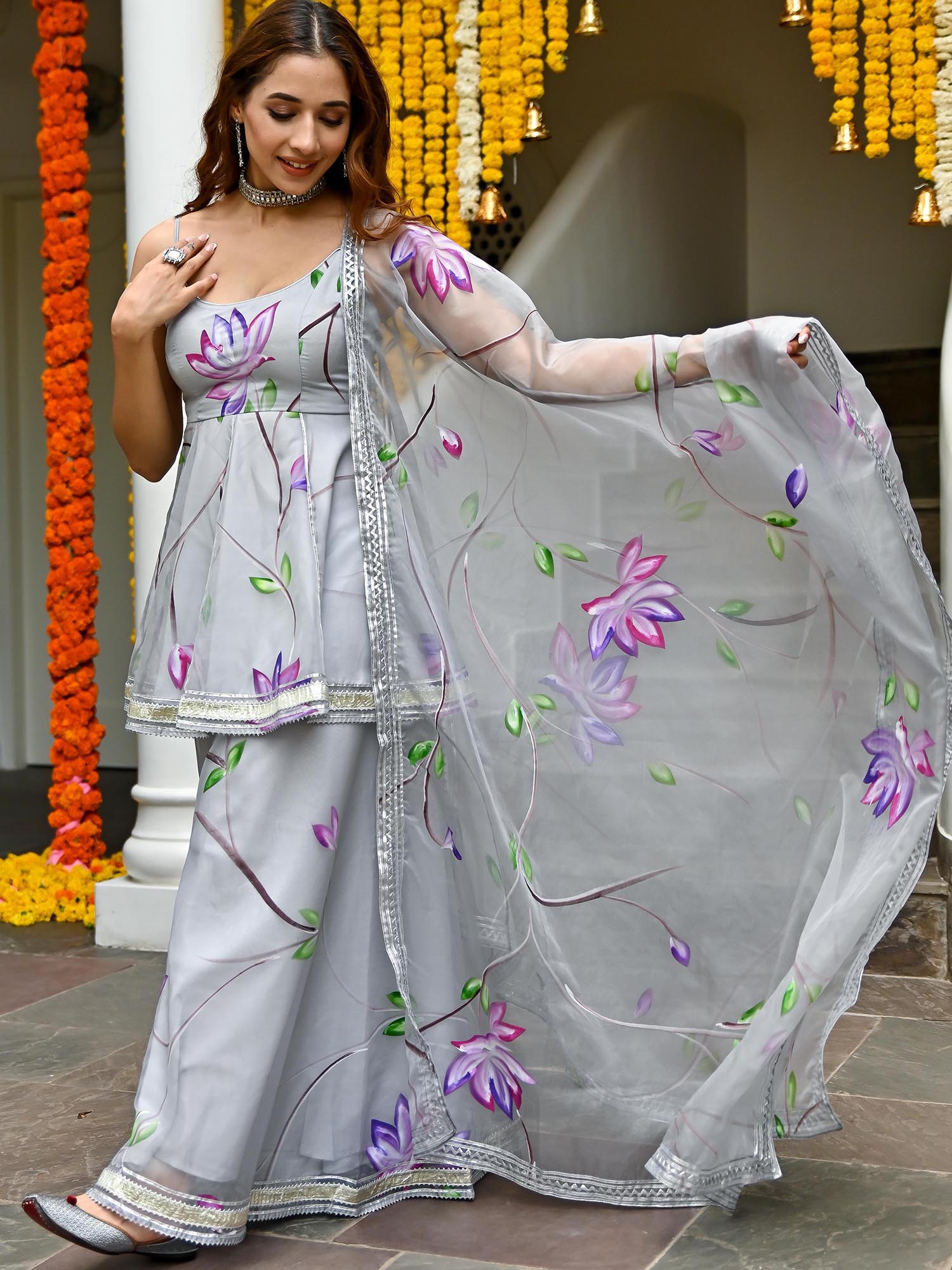 Grey Hand Painted Sharara Set