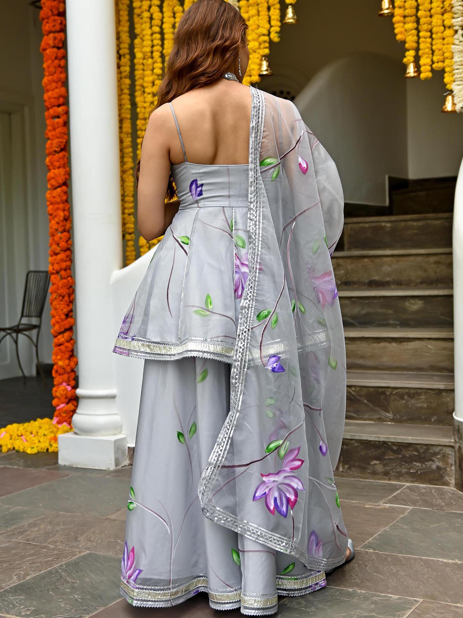 Grey Hand Painted Sharara Set