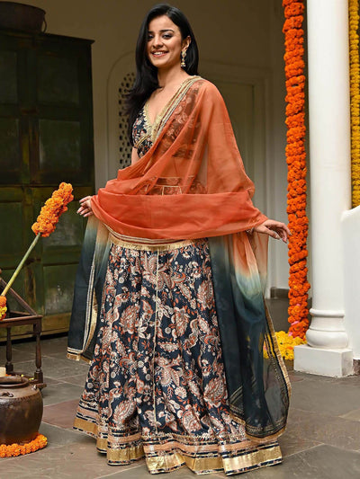 Space Blue Printed Silk Lehenga Set