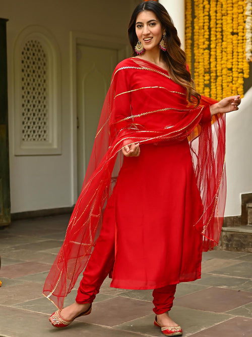 Women Red Silk Blend Kurta set
