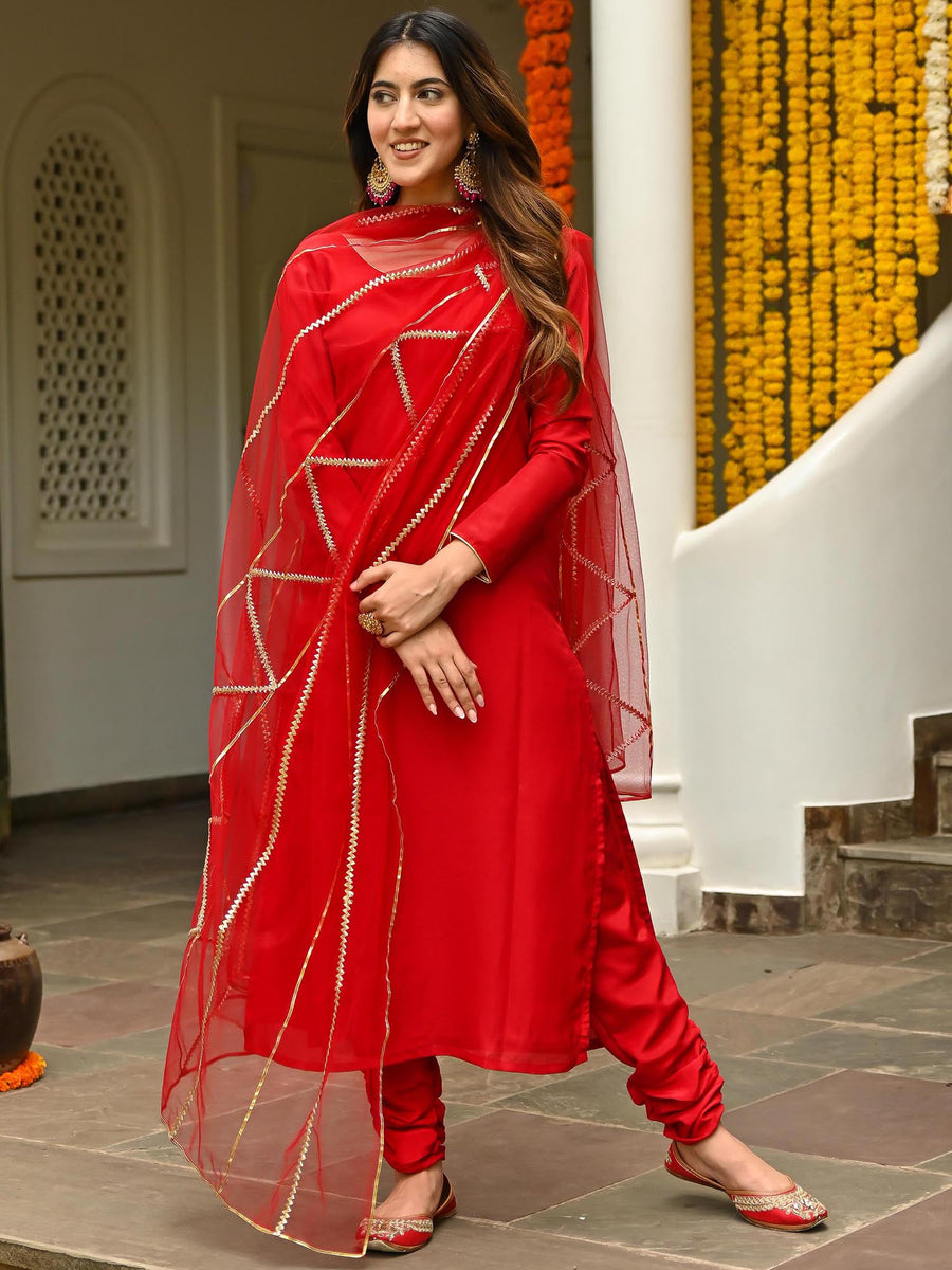 Red - Slub Silk Embroidered Plain Kurta Set (Set of 3) 14