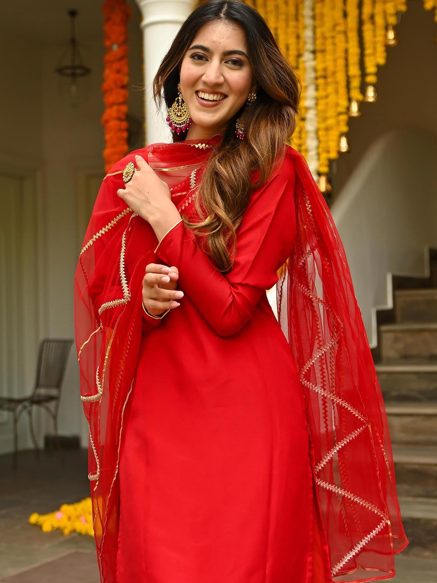 Red - Mahira Slub Silk Straight Plain Kurta with Patchwork main image 1