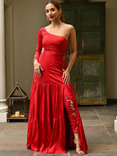 Red Embroidered Slit Dress