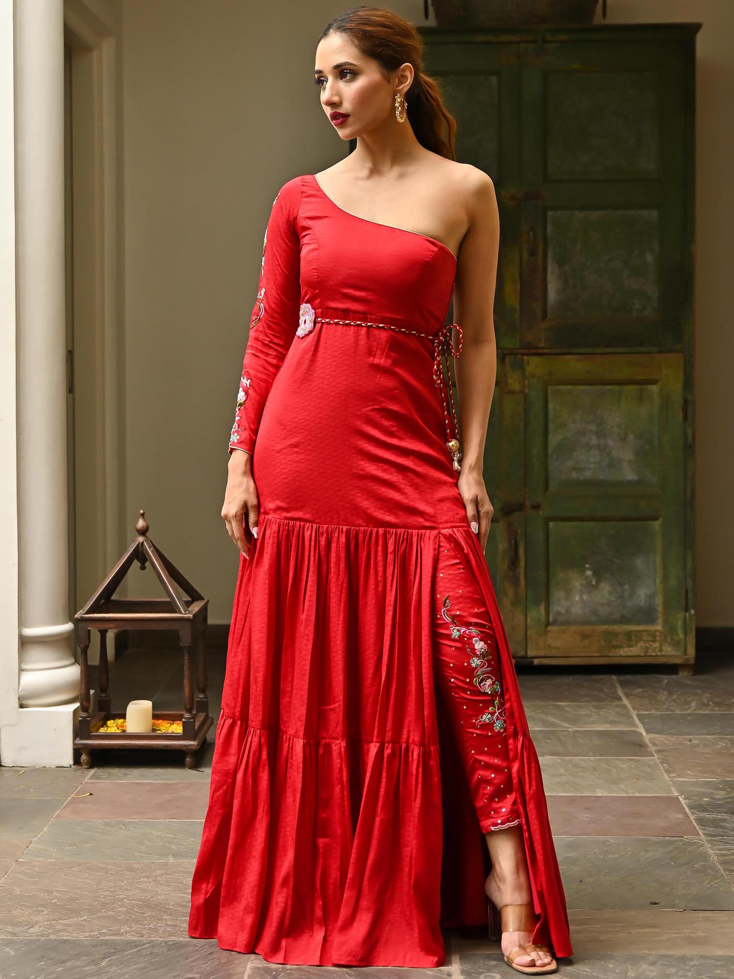 Red Embroidered Slit Dress