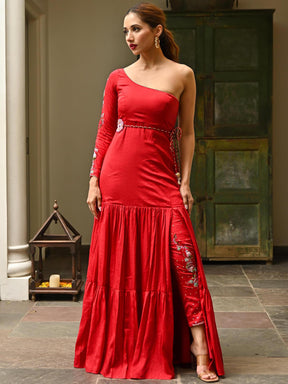 Red Embroidered Slit Dress