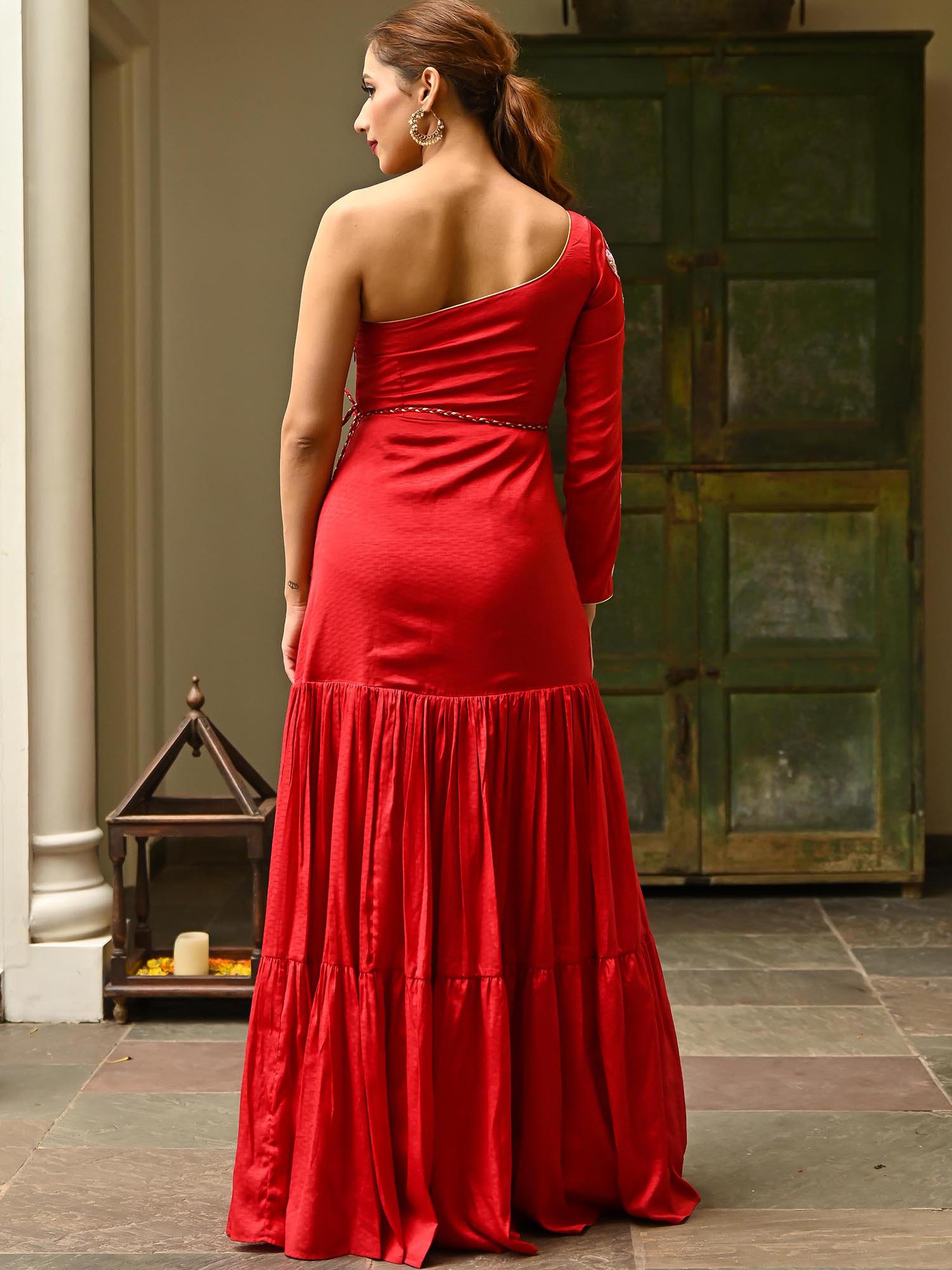 Red Embroidered Slit Dress