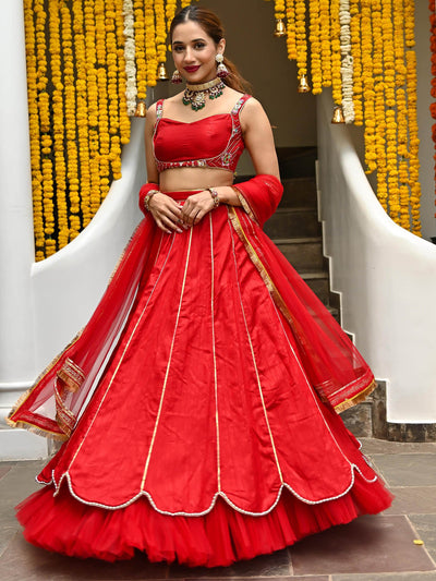 Red Silk Embroidered Lehenga