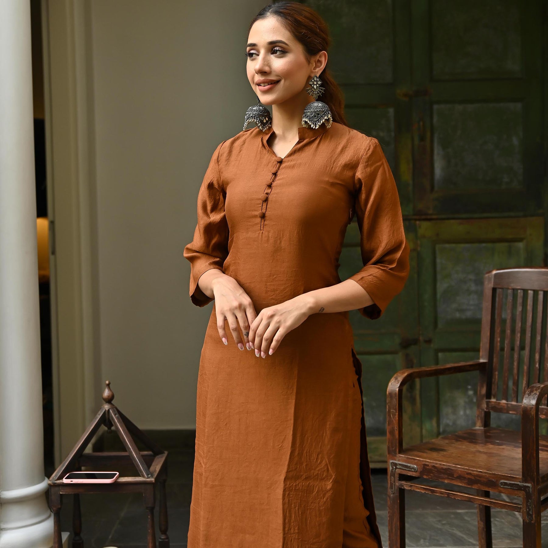 D.Brown Rayon Plain Kurti with Computer Embroidery