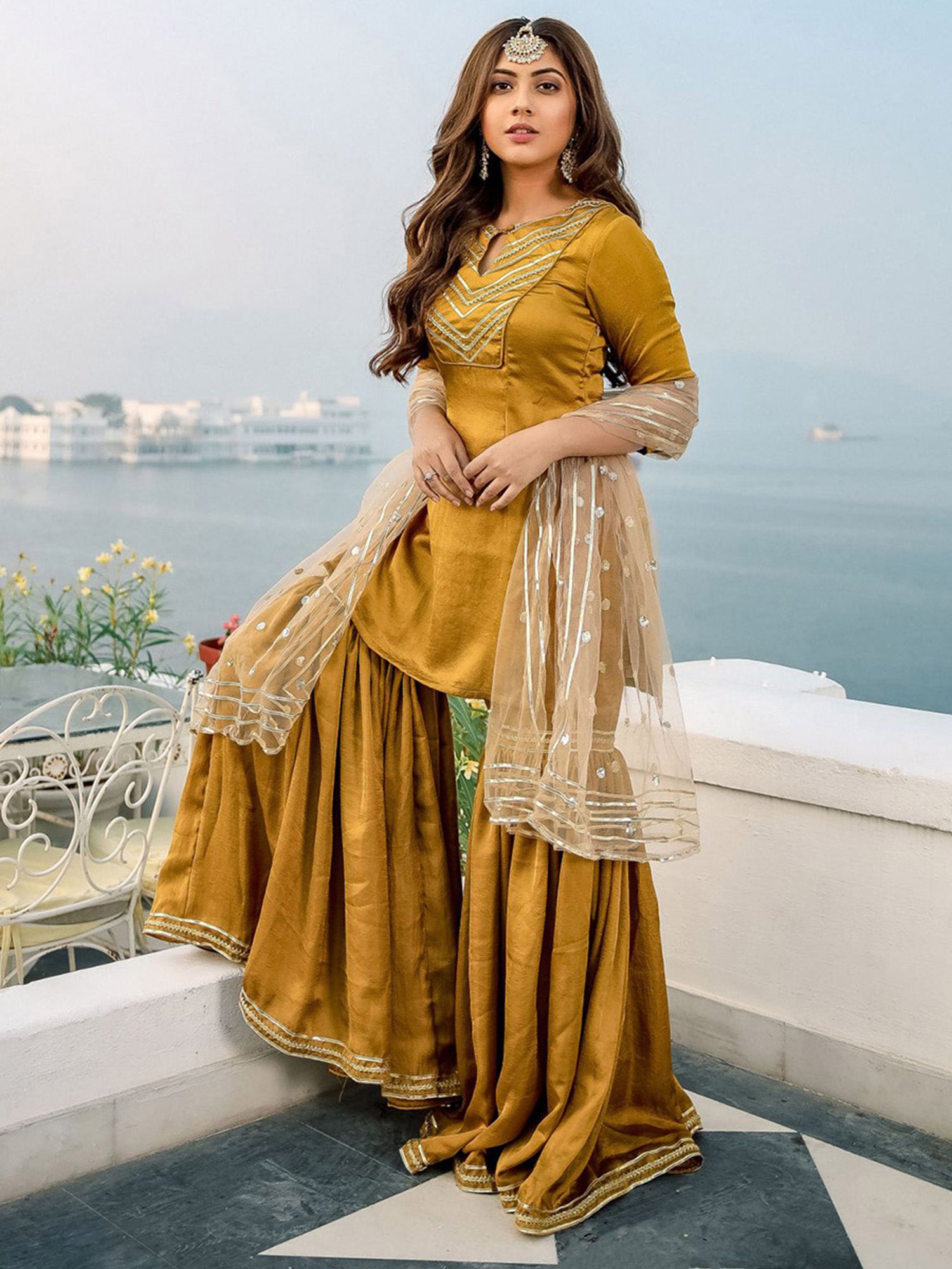 Gold Silk Sharara Dupatta Set