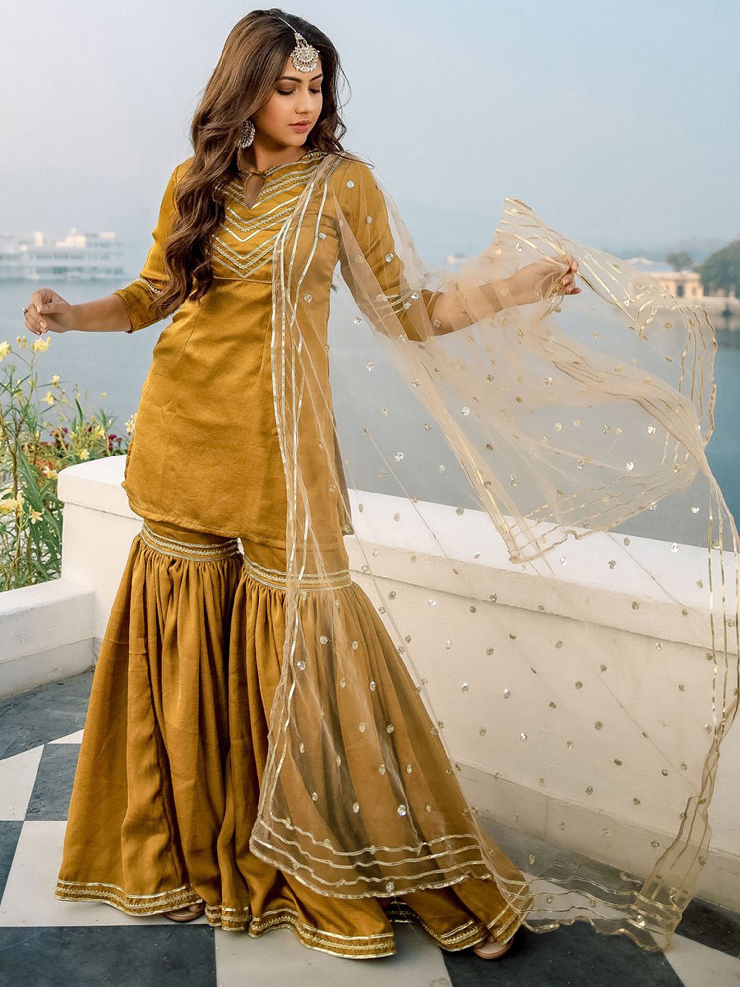 Gold Silk Sharara Dupatta Set