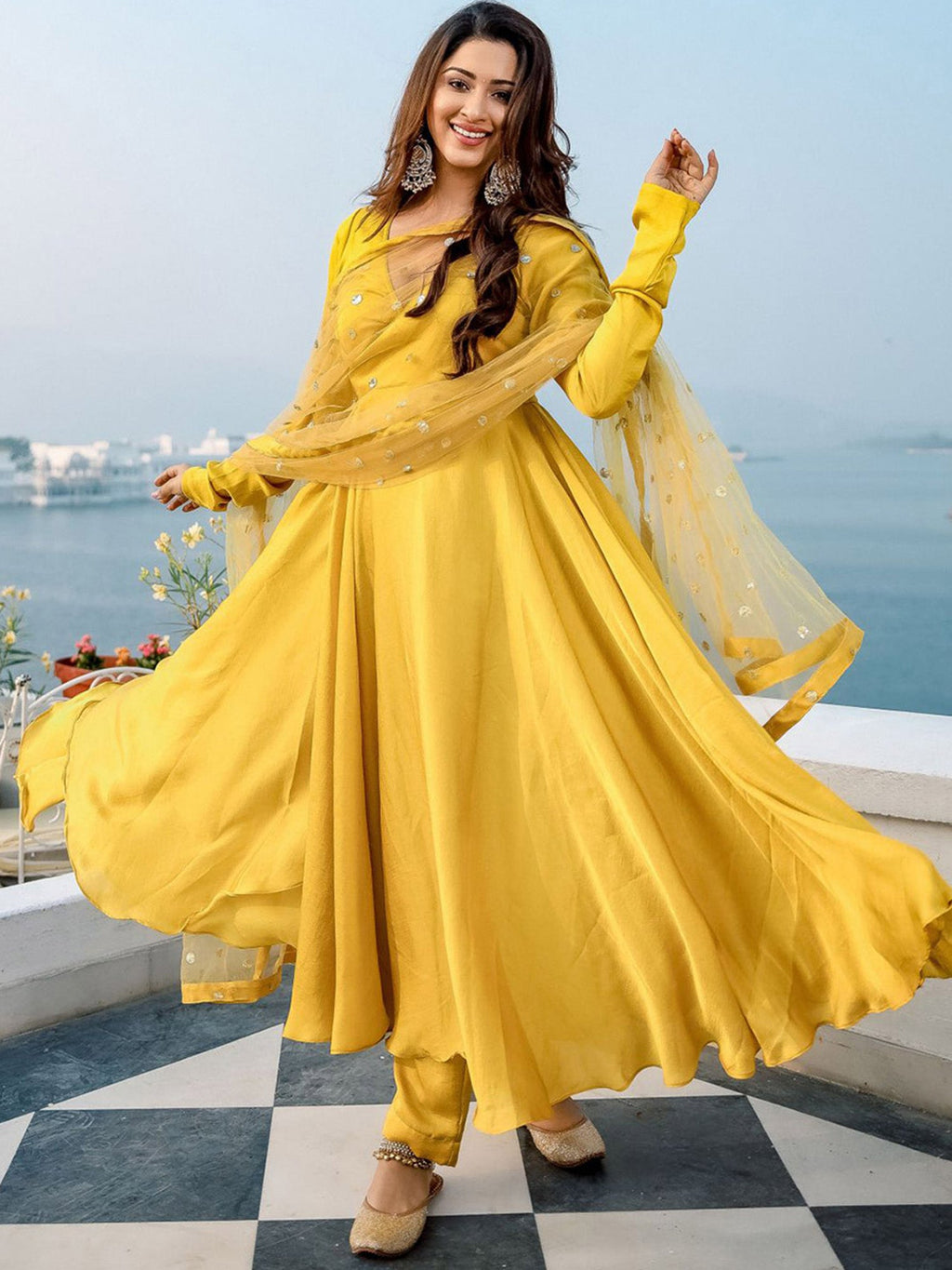Shop Yellow Anarkali Dupatta Suit Set Shop Yellow Anarkali Dupatta Suit Set