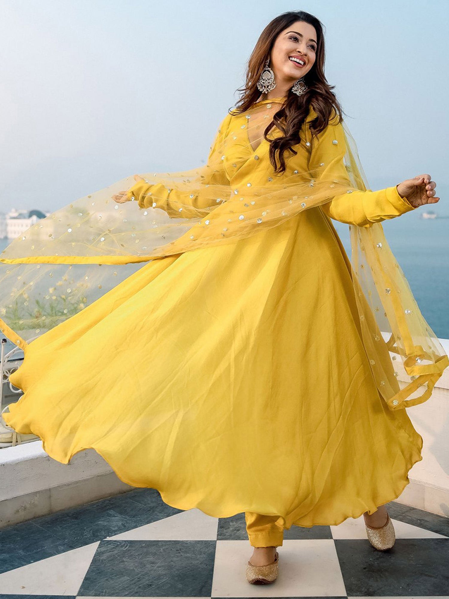 Shop Yellow Anarkali Dupatta Suit Set