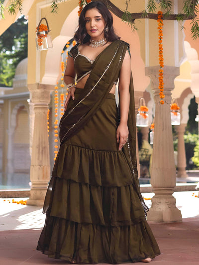 Olive Green Ruffle Saree