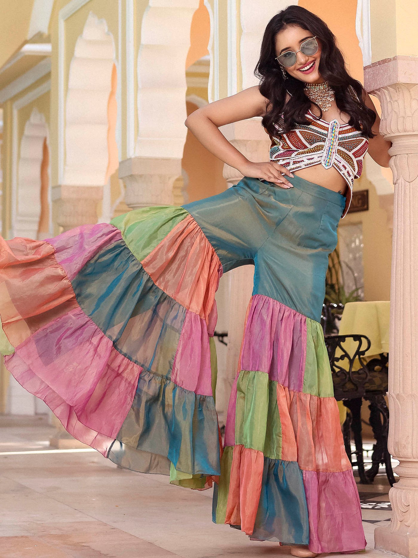 TEAL GREEN BUTTERFLY FLAP SHARARA SAREE