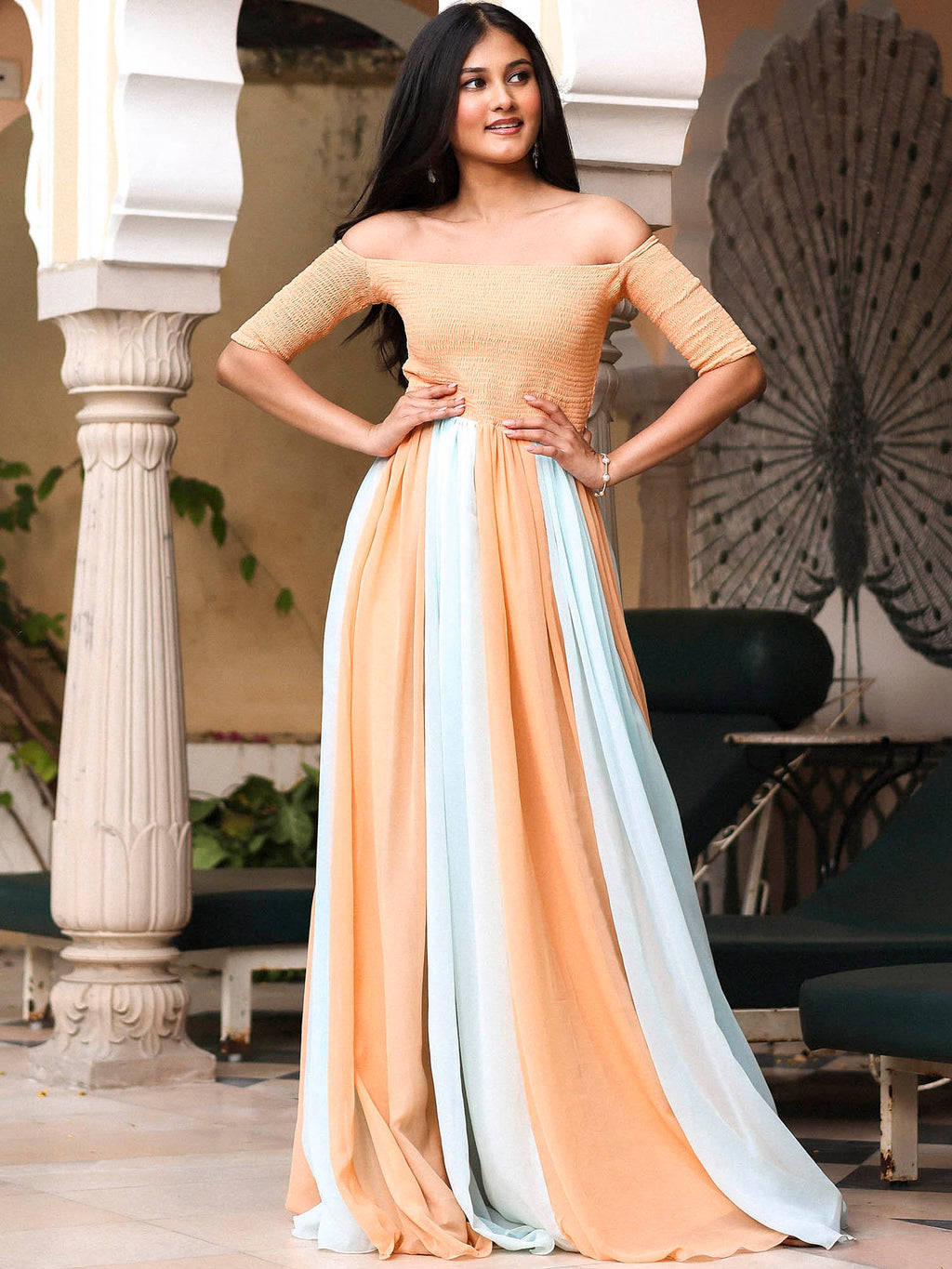 blue and peach dress Flared peach and royal blue combination