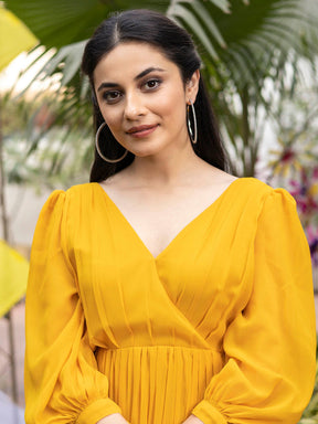 Mustard Yellow Pleated Angrakha Style Floor Length Dress