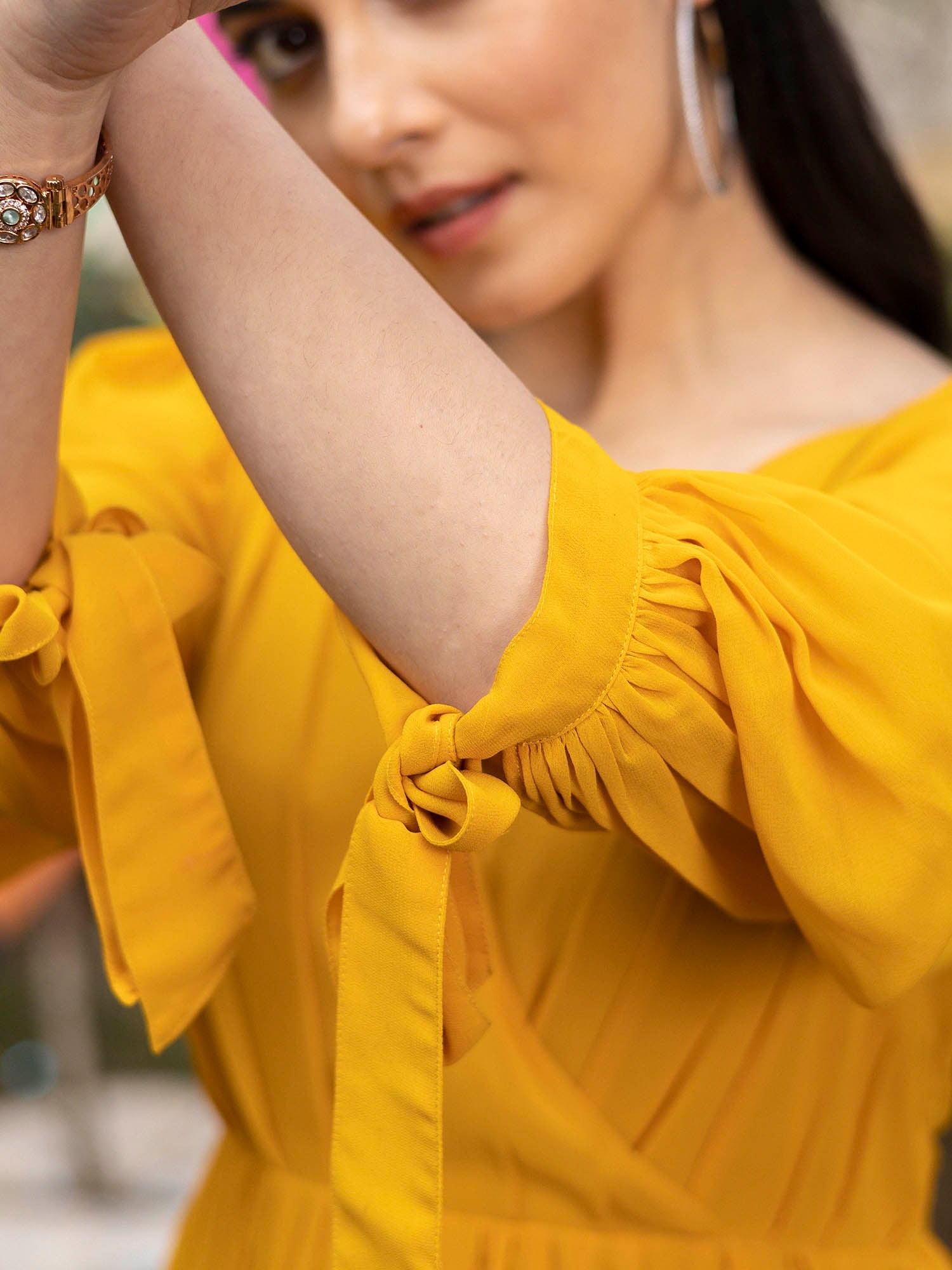 Mustard Yellow Pleated Angrakha Style Floor Length Dress