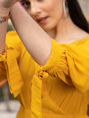 Mustard Yellow Pleated Angrakha Style Floor Length Dress