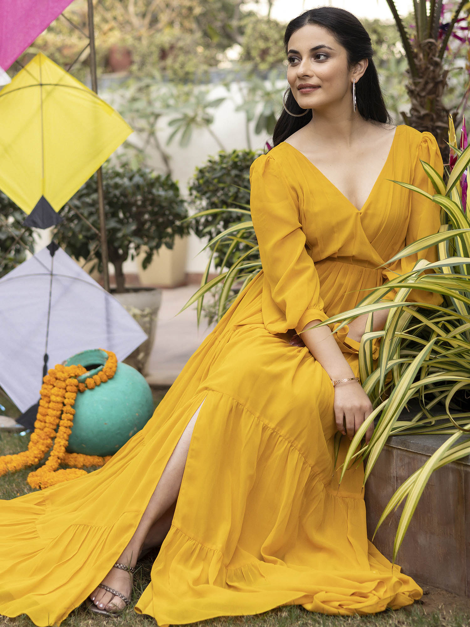 Mustard Yellow Pleated Angrakha Style Floor Length Dress