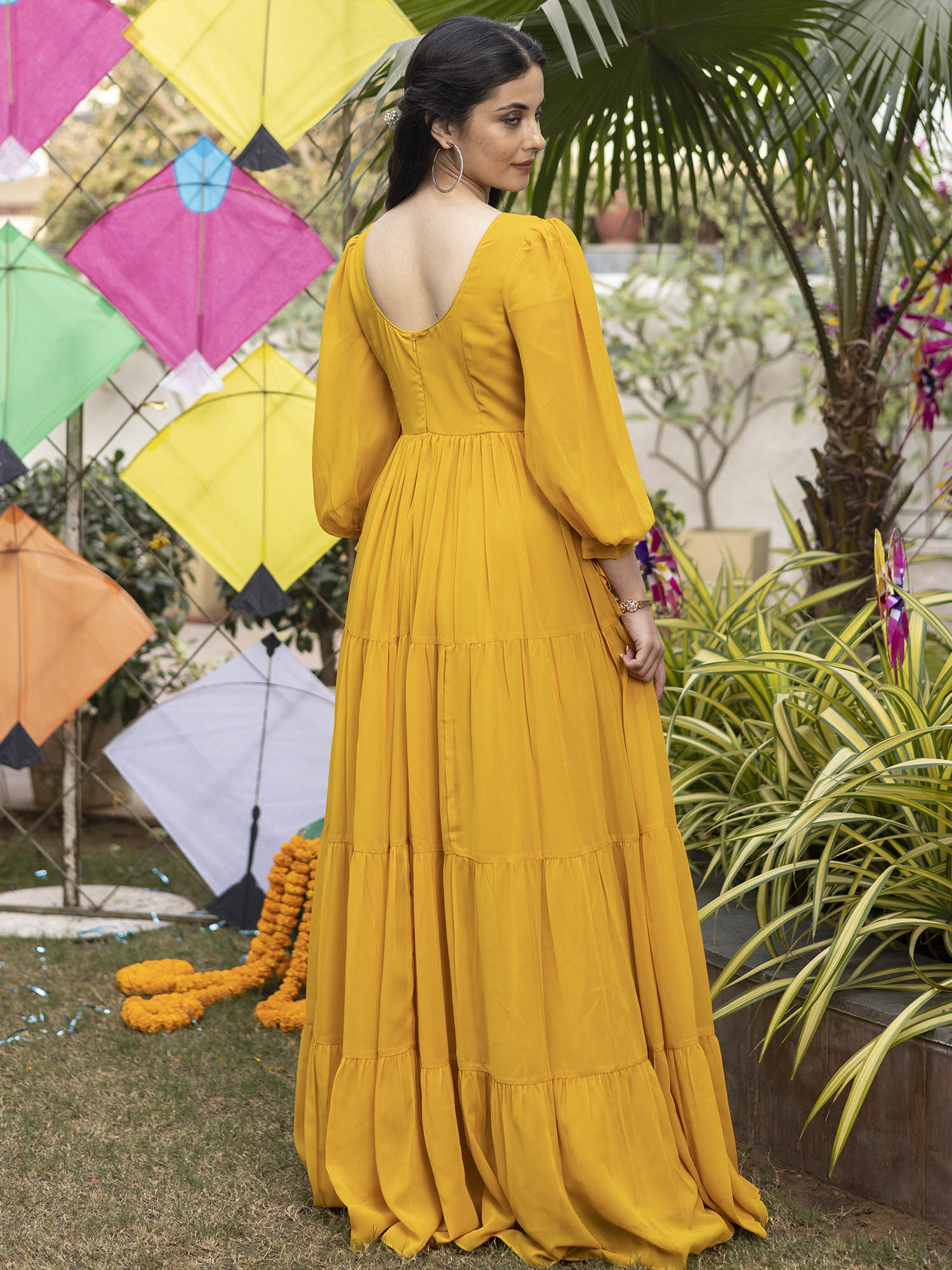 Mustard Yellow Pleated Angrakha Style Floor Length Dress