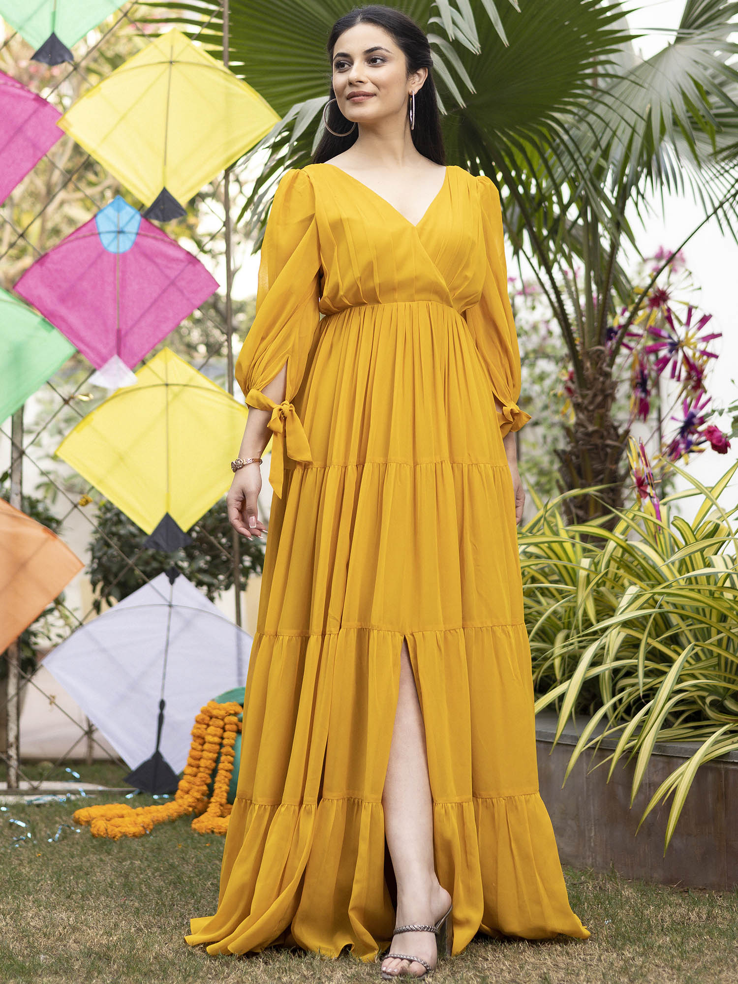 Mustard Yellow Pleated Angrakha Style Floor Length Dress