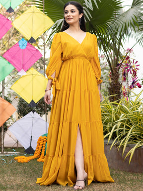 Mustard Yellow Pleated Angrakha Style Floor Length Dress