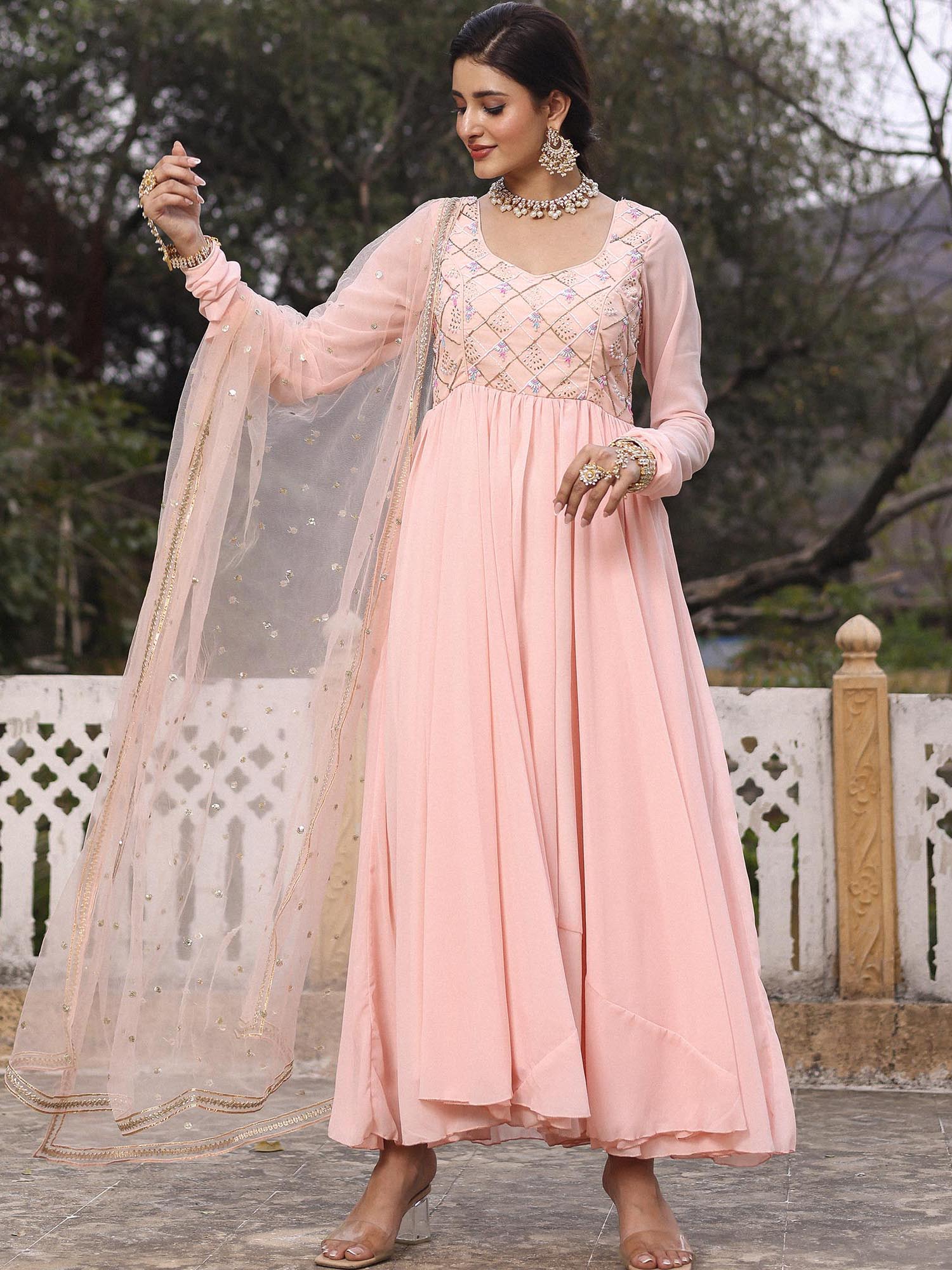 PINK MUKAISH ANARKALI SET