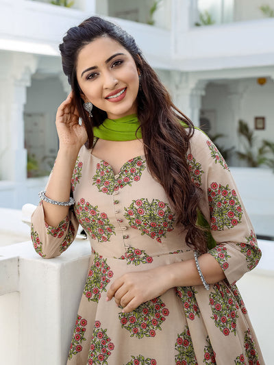 Beige Printed Cotton  Kurta Pant