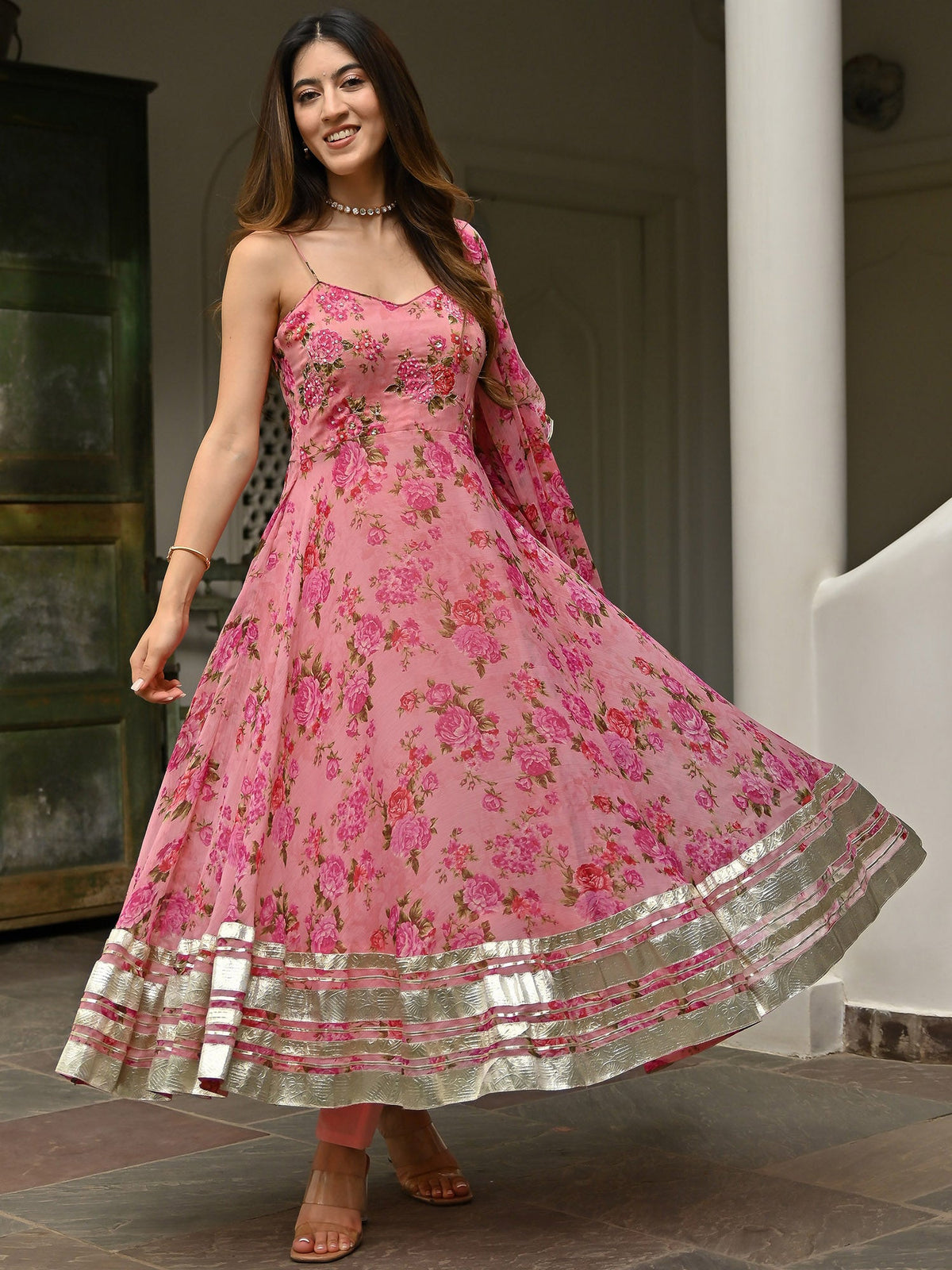 Women'S Pink & Gold-Toned Printed Anarkali Kurta main image 1