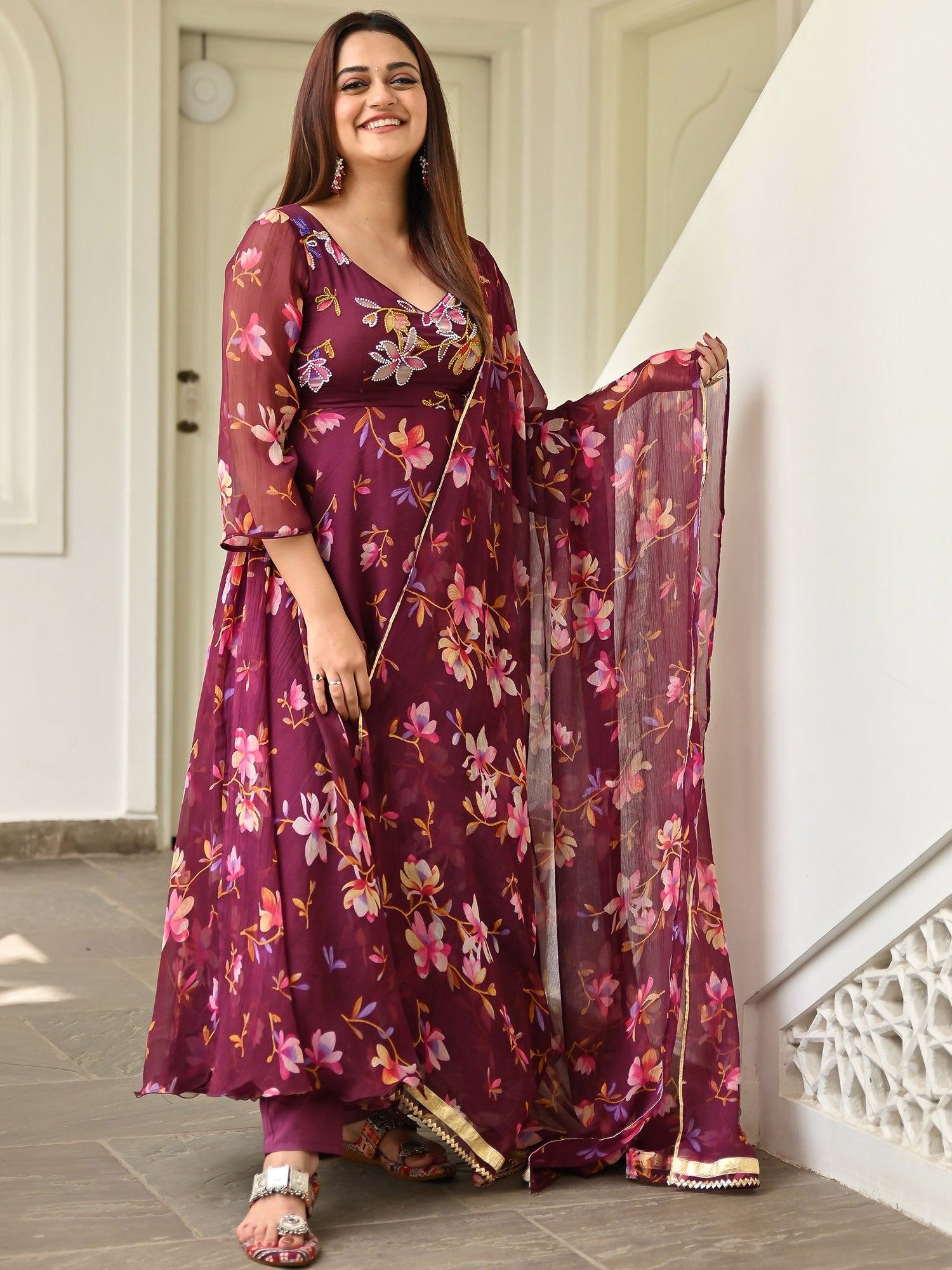 Maroon Printed Anarkali