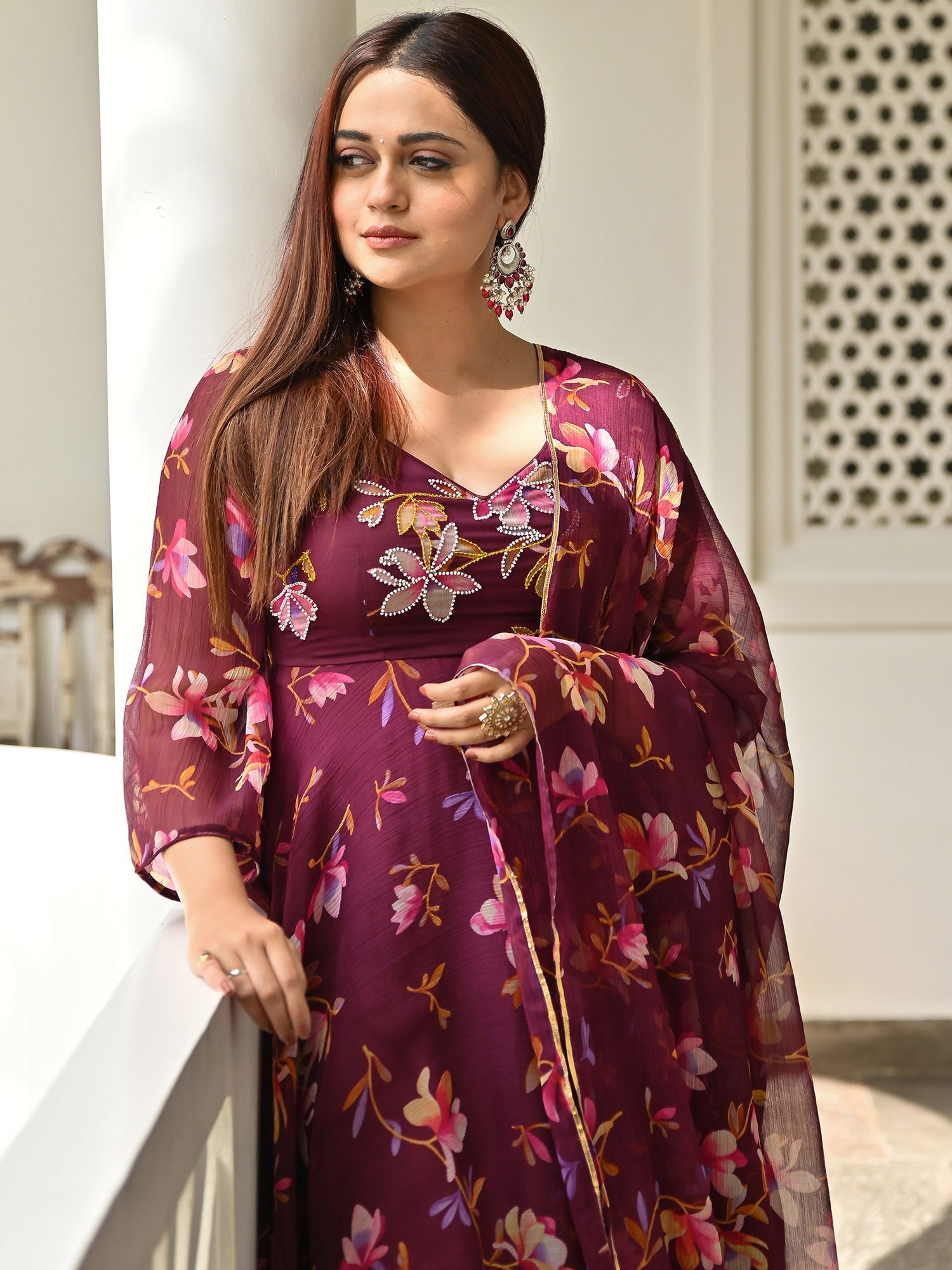 Maroon Printed Anarkali